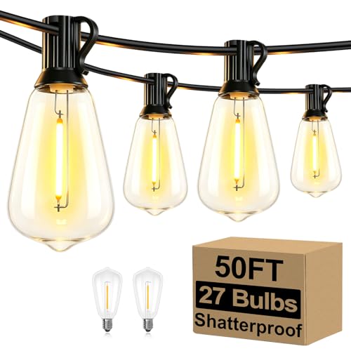 Brightever 50FT Outdoor String Lights Waterproof, 2700K Bright LED Patio Lights with 27 ST...