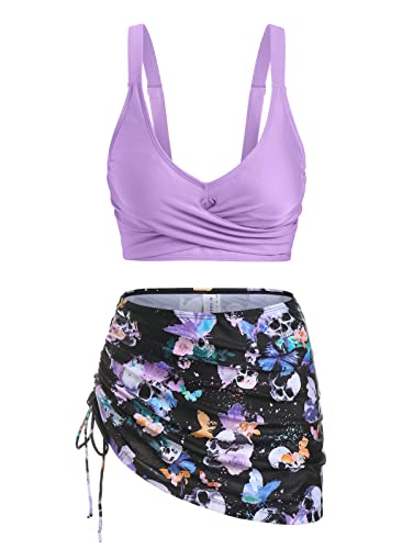 DRESSFO Women's High Waisted Bikini Sets with Cover Up Skirt 3 Piece Gothic Skull Swimsuit Padded Tummy Control Bathing Suit3