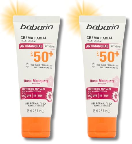 Babaria - Protector Solar Facial 50 Antimanchas Con Rosa Mosqueta | Crema Hidratante Facial Mujer | Crema Rosa Mosqueta Mujer | Bloqueador Solar | 75ml (Paquete de 2)