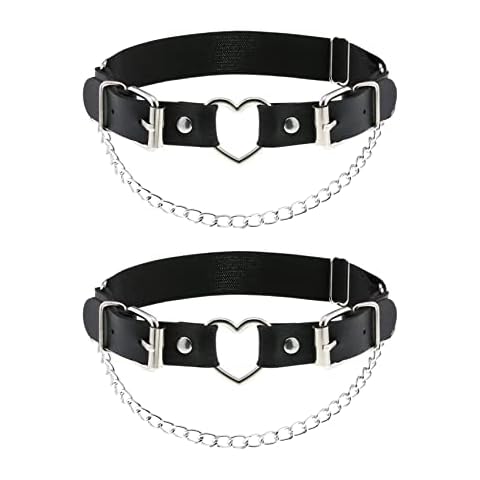 alisikee 2PCs Leather Leg Garter with Chains, Elastic Rock Heart Thigh Garter for Ladies, Black Cover