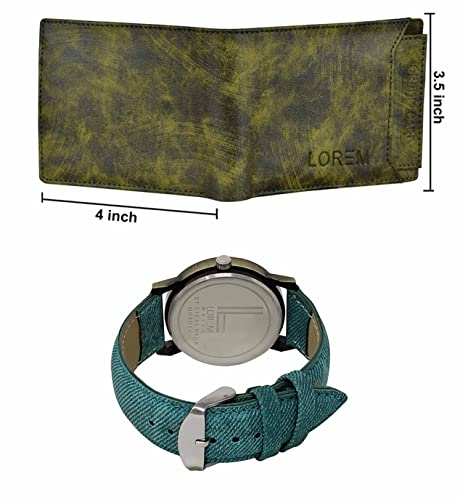 Image of LOREM Green Color Faux Leather Wallet & White Analog Watch Combo for Men & Women | WL27-LR229