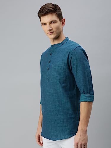 Image of KRYPTIC Men's Full Sleeve Regular Fit Short Kurta in Premium Pure Cotton with Patch Pocket and Mandarin Collar - Perfect Blend of Style and Comfort