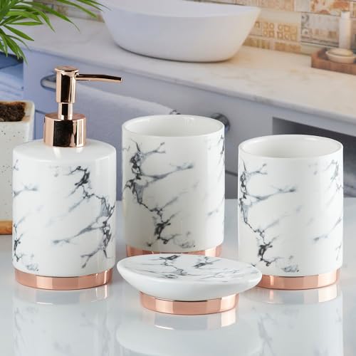 Image of SaSaSa Ceramic Bathroom Accessories Set of 4 Modern Bath Set with Soap Dispenser & Toothbrush Holder, Luxury Home & Gift Idea, White /Gold (9600)