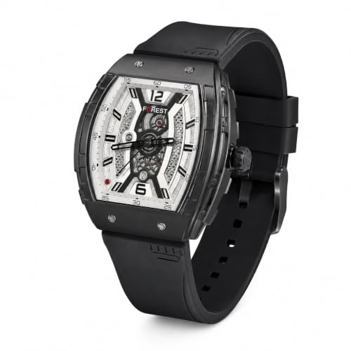 Image of FOREST Men's Analog Quartz Watch with Skeleton Style White Dial & Black Silicone Strap | Tonneau Case | Premium Fashion Wrist Watch for Casual, Sports, Business &