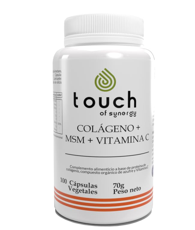 TOUCH OF SYNERGY – Colágeno + MSM + Vitamina C – Cuidado Articular, Piel y Cabello – 100 Cápsulas Vegetales – Antioxidante, Antiinflamatorio, Recuperación Muscular