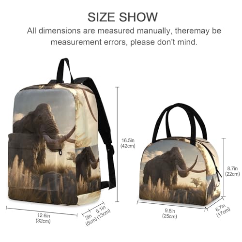 Backpack Lunch Box Set Large Capacity Travel Backpacks and Insulated Lunch Bag for Commute Hiking Picnic Mammoth in Wild Print2