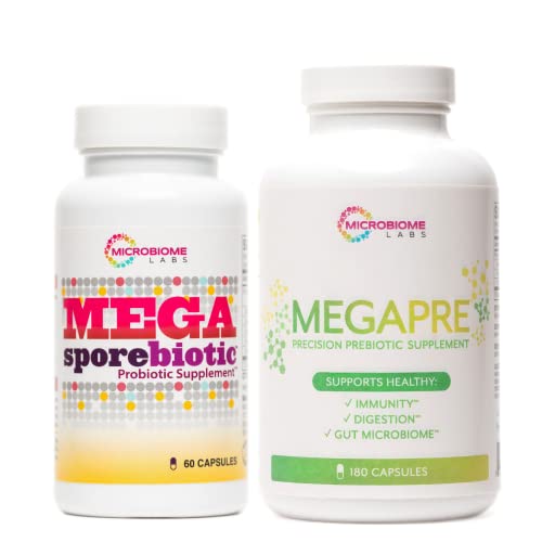 Microbiome Labs MegaSporeBiotic (60 Capsules) + MegaPre (180 Capsules) Probiotic Prebiotic Bundle - Spore-Based Probiotic with Prebiotic Fiber Supplement