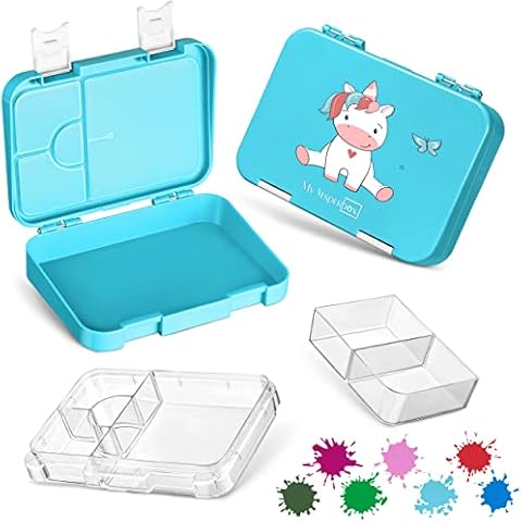 My Vesperbox Bento Box Children's Lunch Box with 4 + 2 Compartments Extremely Robust Lunch Box Ideal for Nursery and School (Light Blue - Unicorn Sitting) Cover