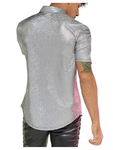 Floerns Men's Metallic Short Sleeve Button Front Lapel Collar Streetwear 70s Disco Party Sequin Shirt2