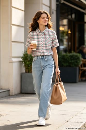 Image of SANGTREE Girls Women Plaid Shirt Short Sleeve Button Down Summer Blouses