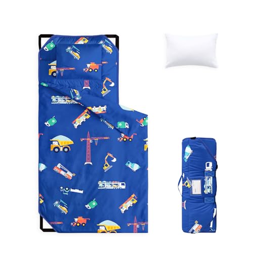 Image of Wake In Cloud - Cot Nap Mat with Pillow and Blanket, 100% Cotton Fabric, for Toddler Kids Boys Ages 3 Plus in Daycare Kindergarten Preschool with Elastic Corner Straps, Cars Cranes Trucks