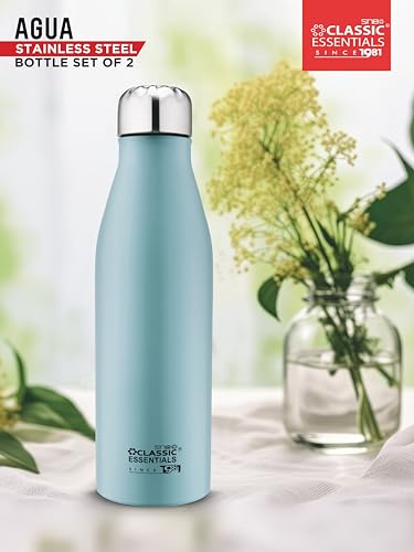 Image of CLASSIC ESSENTIALS Agua Stainless Steel Leak Proof Water Bottle Suitable for Fridge 1000 ml | Office, Bottle, Hiking, Treking, Travel | Blue, Set of (2)