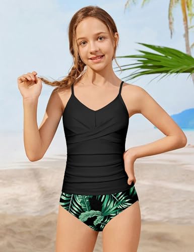 Image of Girls Swimsuit 2 Piece Bathing Suit Criss Cross Ruched Girl Tankini Sets Printed Girls' Swimwear for 9-18 Years