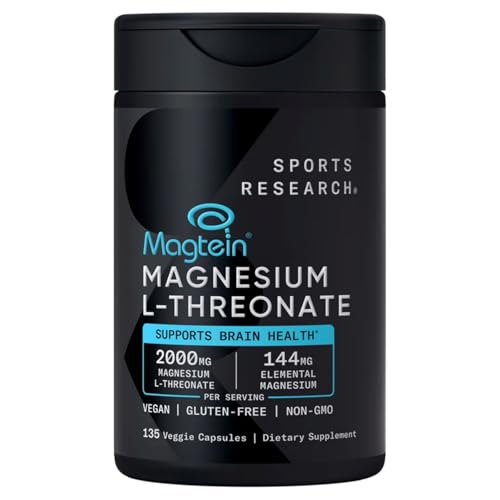 SPORTS RESEARCH Magtein Magnesium L- Threonate Advanced (2000 MG Magnesium L-Threonate 144 MG Elemental Magnesium Per Serving) 135 Veggie CapsulesPlus Bonus 2 Sugar Free White Peach Hydration Sticks