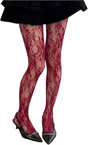 Luckinbaby Women Floral Lace Patterned Tights See Through Mesh Fishnet Pantyhose Leggings Sexy Vintage Stockings (Floral Red One Size)