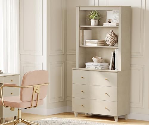 Image of WAMPAT 71 inch Tall Bookcase with 3 Drawers & Open Shelves, 3-Tier Beige Wood Bookshelf with Adjustable Shelf, Modern Floor Standing Wooden Display Bookshelves for Home Office, Living Room, Bedroom