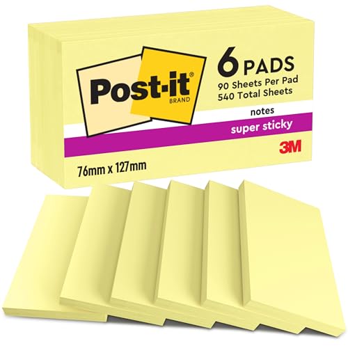 Post-it Foglietti Super Sticky Canary Yellow, Confezione da 6 blocchetti, 90 Fogli per blocco, 76 mm x 127 mm, Colore Giallo, Foglietti Adesivi per Appunti, Elenchi & Promemoria