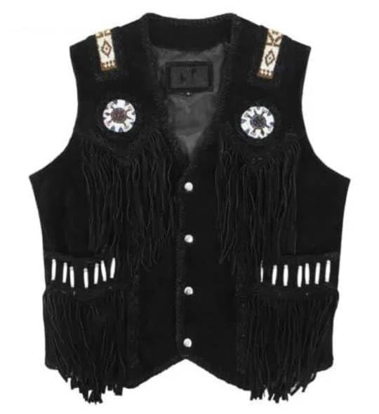 Image of Western Style Cow Suede Leather Vest for Men with Native American-Inspired Design, Fringes, Beads & Braid
