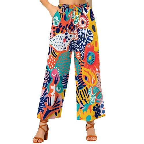 Womens Cartoon Graffiti Pants Stretch Waist Wide Leg Tropical Loose Straight Beach Flowy Trousers with Pockets
