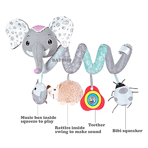 Baby Car Seat Toys, Infant Activity Spiral Toys Hanging Stroller Toys For Baby With Musical Owl Rattles Hedgehog Beep Ladybug Squeaker - Gray Elephant Toys For Newborn Baby 0 3 6 12 Months #TOP1