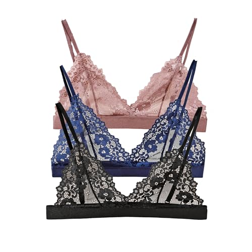 Cotorance Womens 3 Pack Lace Bra Plunge No Underwire Unlined Demi Triangle Bralettes