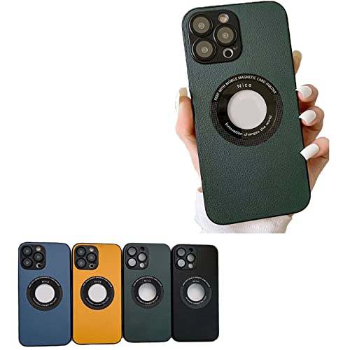 ZBTOP Tempered Glass Back Leather Magnetic Charging Case for iPhone 12/13/14 Pro Max,Leather Texture for Magnetic Charging Phone Case for iphone 12 13 14 Pro Pro Max (Green,iPhone 13 Pro Max) Cover