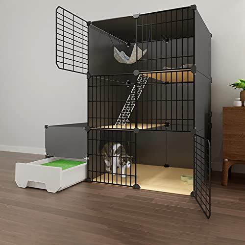 TXGJWRA Homey Pet Cage,Collapsible Pet Cage,Kitten Cage for Indoor Cats,Indoor Cat Cage with Litter Box,Metal Material,Easy to Assemble Cattery,Black-111 * 49 * 111cm-A