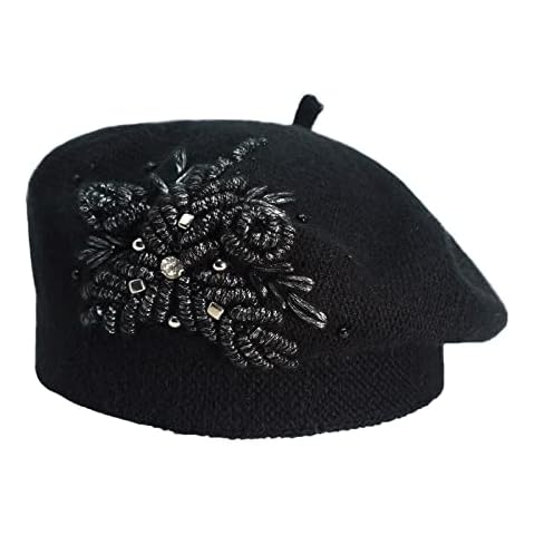 Womens Winter Beret Hat Knitted Handmade 3D Flower Beanie Cap Fashion Lady Hat French Classic Beret, Br04-1, One Size Cover
