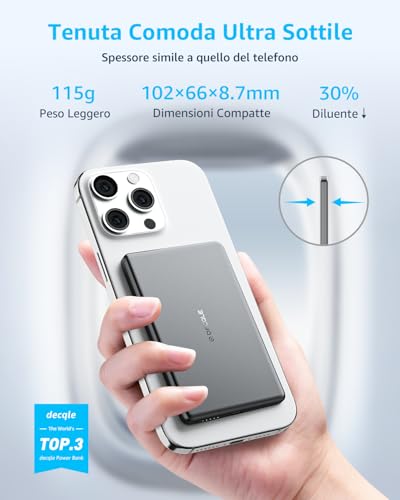 Decqle “Air” Powerbank Per Magsafe, 5000Mah Ultra Sottile Batteria Integrata Caricatore Portatile Wireless Con Cavo USB-C, Solo Per Iphone Serie 17/16/15/14/13/12 (Grigio) - 2