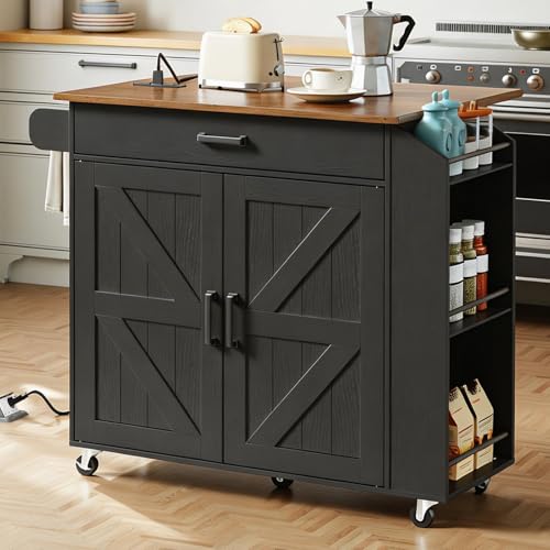 Image of HOOBRO Kitchen Island with Drop Leaf Countertop & Power Outlet, Rolling Island Cart on Wheels, Kitchen Cart with Drawer & Spice Rack, Mobile Island Table for Kitchen, Black BF86UZD01