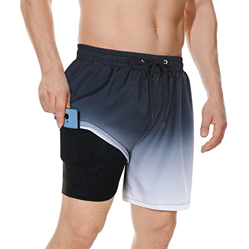 American Trends Men's Swim Trunks Mens Bathing Suit Mens Swim Trunks with Compression Liner Beach Shorts for Men Black Grey Gradient L