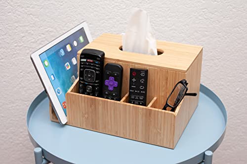 Mobilevision Bamboo Tissue Box Holder & Tablet Stand Organizer For Bedroom & Desktop; Compartments Hold Ipad Phones Remote Controls Reading Glasses Notepads & Pens #TOP4