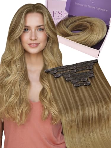 Fshine Clip in Hair Extension Real Human Hair Light Blonde to Ash Blonde Double Weft 10/16/16 120g 55.9 cm 7�s�[�X �V���L�[ �X�g���[�g �i�`������