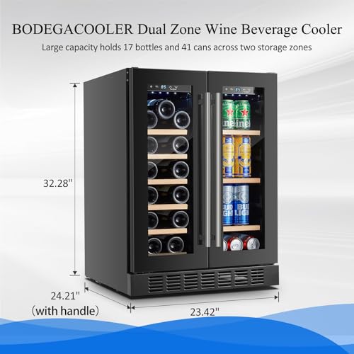 Image of BODEGA 24 Inch Wine and Beverage Refrigerator, Holds 41 Cans and 17 Bottles | Dual Zone Beverage Refrigerator With LED Light, Built-in or Freestanding Installation, Ideal for Bar, Home, Kitchen
