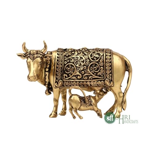 Image of INDICAST Handcrafted Brass Cow with Calf for Good Luck | 2 inch Kamdhenu Gau MATA Idol Spiritual Vastu Nandi Pooja Figurine Sculpture for Home and Office (Weight- 70gm)