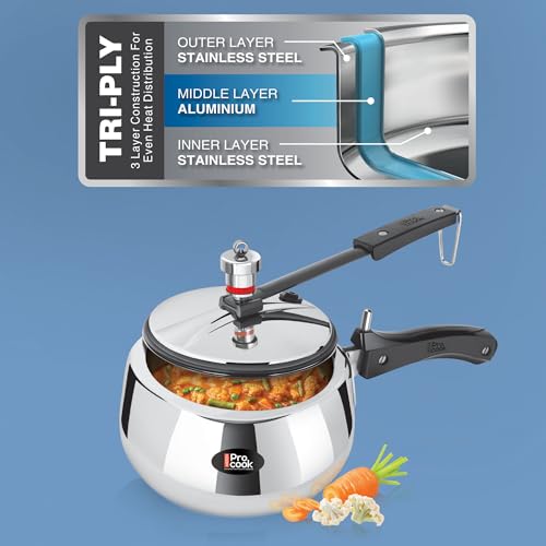 Image of Milton Pro Cook Induction Cookware & Gas Stove Friendly Triply Stainless Steel Curve Pressure Cooker with Inner Lid 2 Litre | Gasket Release System | Hot Plate & Flame Safe | 5 Year Warranty | Silver