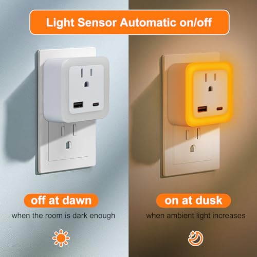 Image of JackonLux Night Lights Plug Into Wall 2 Pack Rechargeable Battery Backup Light Dusk to Dawn Sensor Night Light with Outlet Expander for Adults Kids Bedroom, Kitchen, and Bathroom (2, Amber, 2000K)