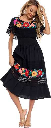 Image of YZXDORWJ Women Embroidered Mexican Peasant Casual Sexy Lace Off-Shoulder Long Dress