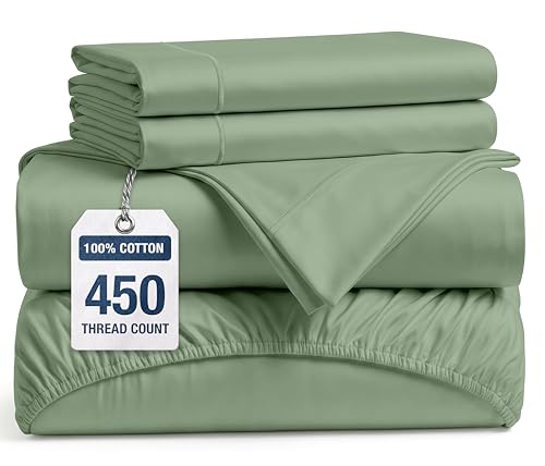 LANE LINEN Queen Sheet Sets – Natural 100% Cotton 450 Thread Count Premium Sheets, Soft Comfort for Restful Sleep, Easy Care & Machine Washable for Everyday Use, 15' Deep Pocket – Iceberg Green