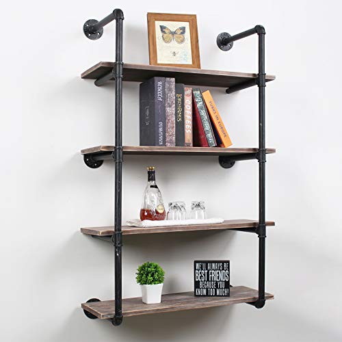 Industrial Pipe Floating Shelves,4 Tiers Wall Mount Bookshelf,30in Rustic Wall Shelves,DIY Storage Shelving Wall Shelf,Rustic Wall Shelving Unit,Wall Book Shelf for Home Organizer,Black Brushed Silver
