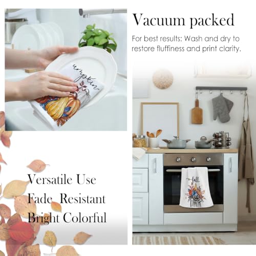 Image of Hello Fall Pumpkin Kitchen Towels, Autumn Leaves Harvest Dish Towels Set of 2, Rustic Thanksgiving Holiday 18 x 26 Inch Hand Towel Quick Drying Dishcloth Decor for Kitchen Bathroom Home