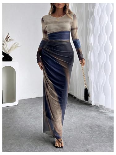 Image of Womens Long Sleeve Maxi Dress Mesh Bodycon Spring Fall Formal Wedding Guest | Tie Dye Ruched Night Out Cocktail Party Long Dresses