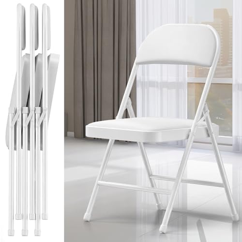 EconoHome 4 Pack White Padded Folding Chairs with Cushioned Seat & Backrest – Comfortable PU Leather, Heavy-Duty Steel Frame, Non-Slip Feet, Pre-Assembled Metal Chairs for Home, Office, Indoor/Outdoor