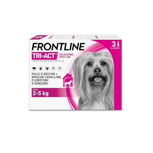 Frontline Triact, 3 Pipette, Cane Xs (2-5Kg), Antiparassitario Per Cani E Cuccioli Di Lunga Durata, Protegge Il Cane Da Pulci, Zecche, Zanzare, Pappataci E Leishmaniosi, Antipulci 3 Pipette