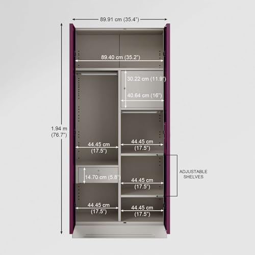 Image of Interio by Godrej Almirah Slimline 2-Door Steel Almirah, Cupboard for Clothes (Purple), 1-Year Warranty, 4 Shelves, 1 Drawer, 1 Locker, Star Design Mirror