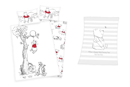 Geschenkset: Disney Winnie The Pooh Flanell Bettwäsche 40x60 + 100x135cm + Flanell Flausch Babydecke 75x100cm
