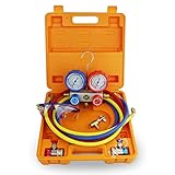 Medidor de alta y baja presión --- Medidor azul (bajo): 0-550 PSI; Medidor rojo (alto): 0-750 PSI; Presión de rotura: 4000PSI; Presión máxima de trabajo: 800PSI; Unidad de Fahrenheit, tablero de mandos fácil de leer