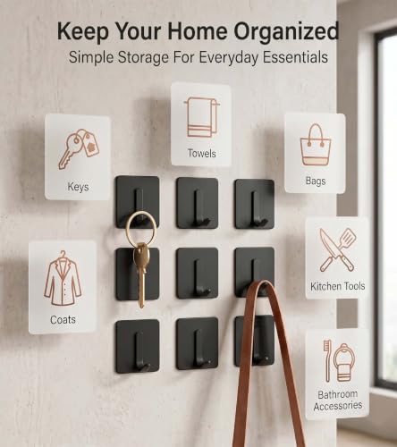 Image of Enclave Heavy Duty Adhesive Hooks, Stick on Wall Adhesive Hangers, Strong Stainless Steel Holder, Self Adhesive Hooks for Kitchen Bathroom Home Door Towel Coat Key Robe. (J Shape Black, Pack of 8)