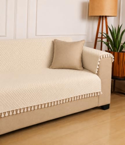 Image of Roseate Quilted Velvet Fully Covered Sofa Cover with 2 Arm Cover (1 Seater / 24 inchx54 inch) Sofa Protector for Living Room /Bedroom interiors (Beige) with Tassels