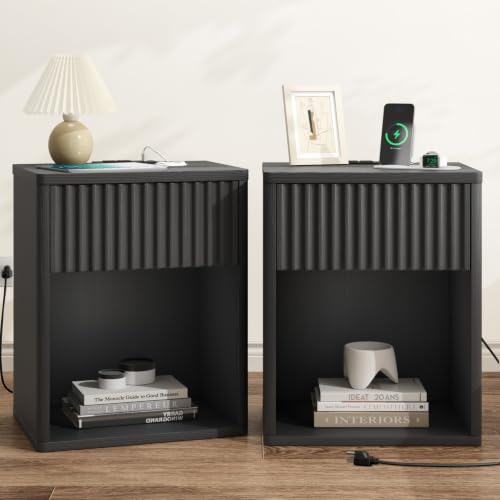 Image of Fluted Black Nightstands Set of 2 w /Charging Station, Wooden End Table Bed Side Table with Curved Drawer, Mid Century Modern Fluted Night Stand with Rounded Edge for Bedroom, Living Room